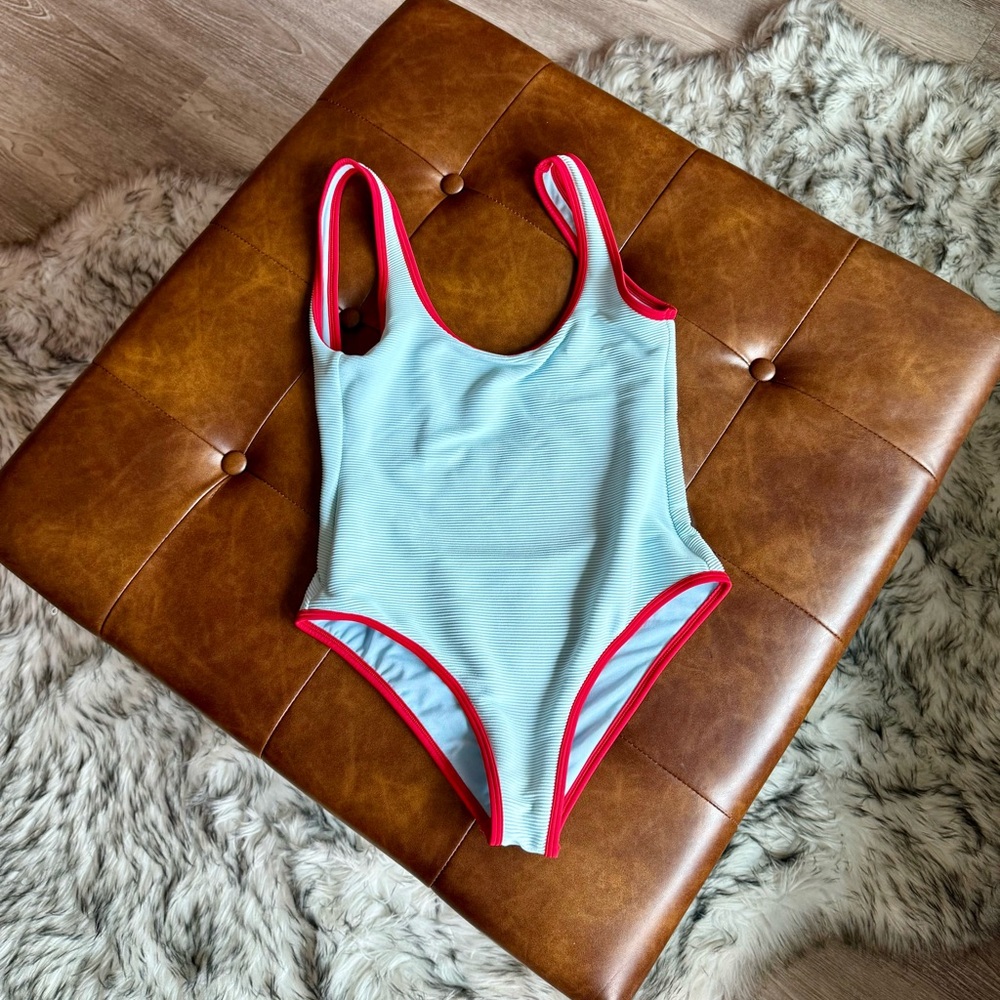 Billabong Light Blue and Red One Piece Swimsuit